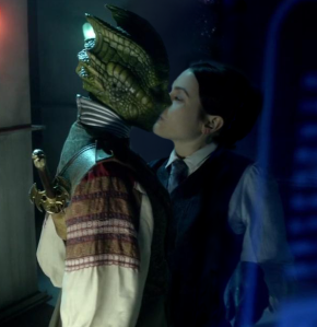 Photo Courtesy of BBC America. Madame Vastra (Neve McIntosh) and Jenny Flint (Catrin Stewart) kiss in character, in which they are married. 